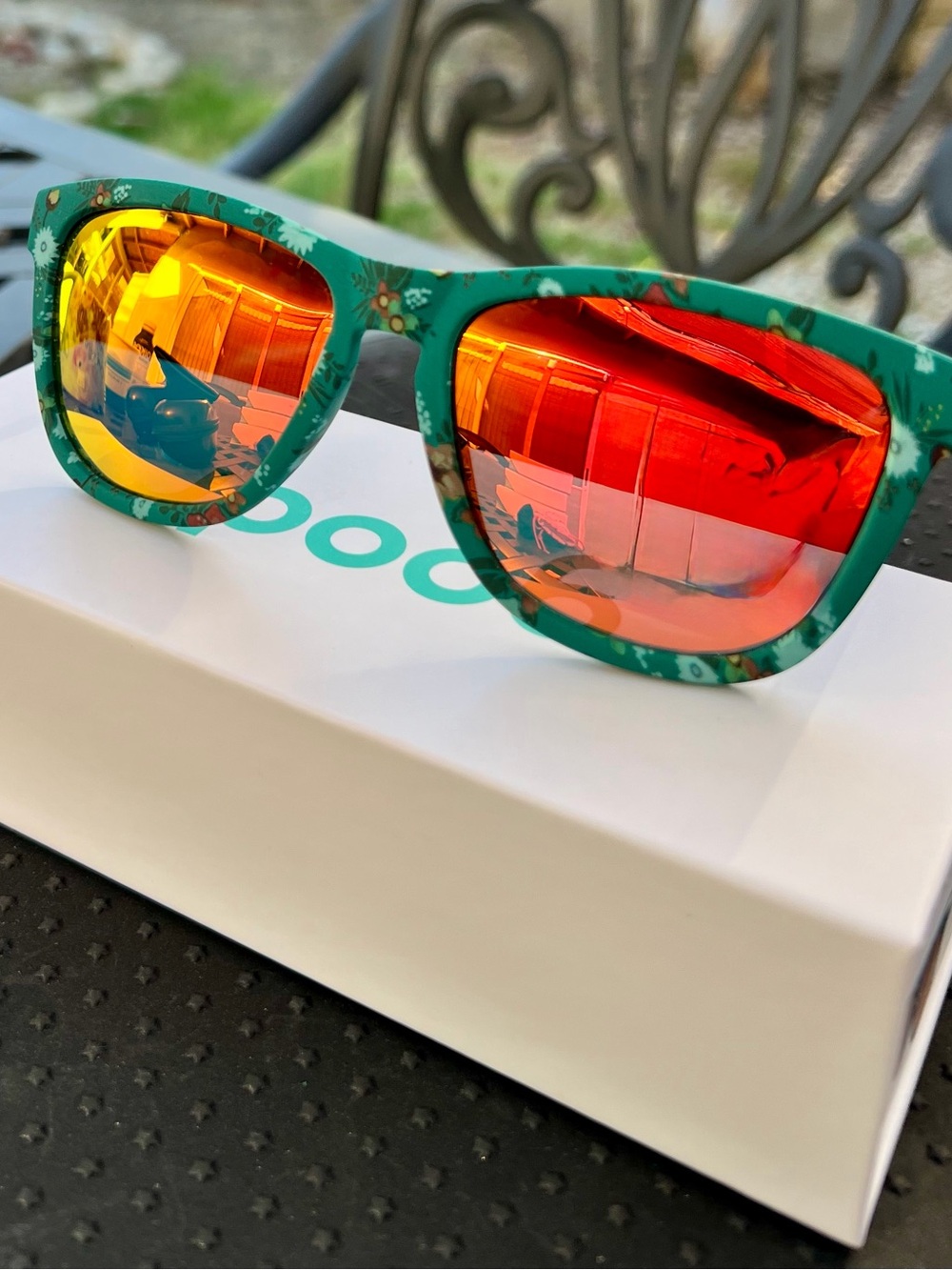Retired Goodr Sunglasses - Teal Floral w/ Orange Mirrored Lenses - Picture 2 of 5